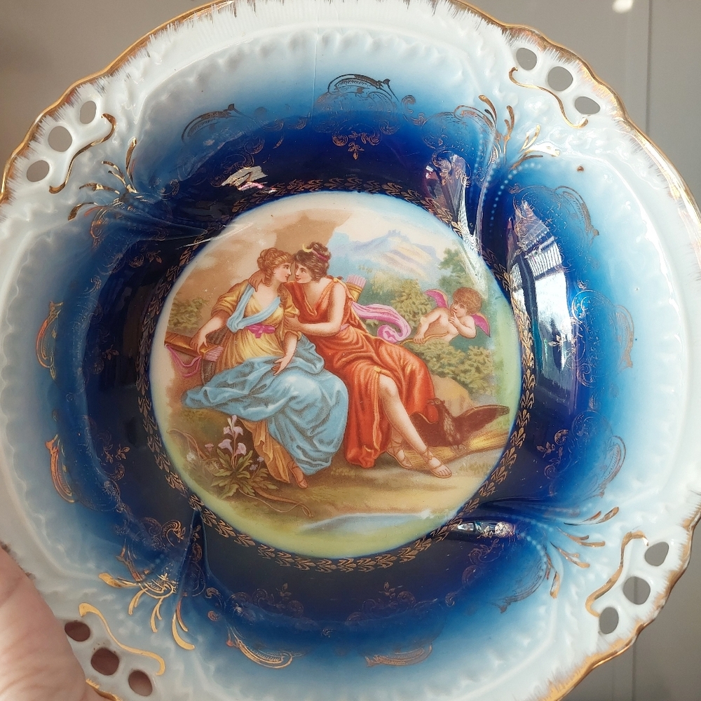 Cobalt Blue Porcelain Decorative Bowl Classical Scene Austria Victorian cherub